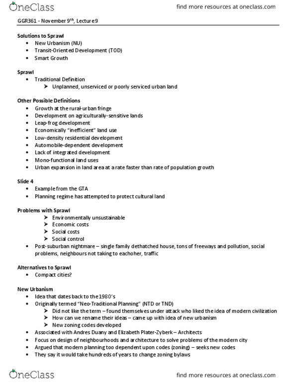 GGR361H5 Lecture Notes - Lecture 9: Urban Sprawl, New Urbanism, Transit-Oriented Development thumbnail