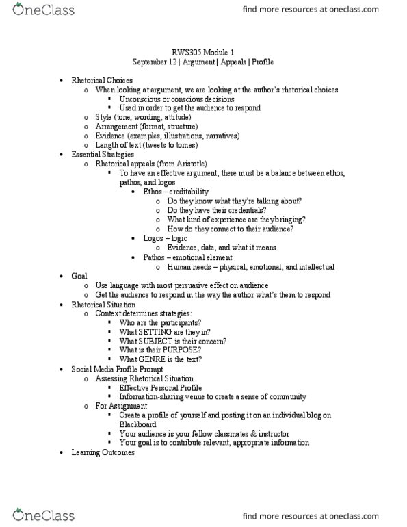 RWS 305W Lecture Notes - Lecture 1: Rhetorical Situation, Pathos, Personalization thumbnail