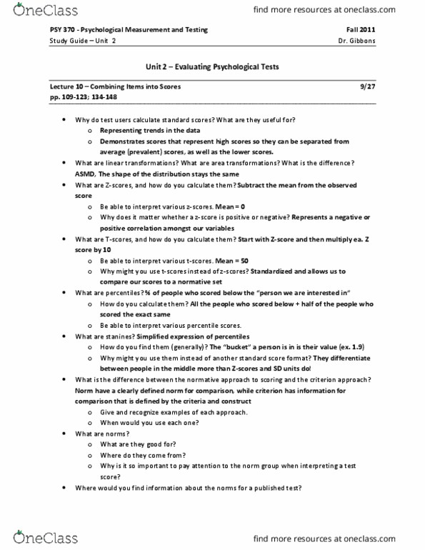 PSY 370 Lecture Notes - Lecture 25: Standard Score, Construct Validity, Classical Test Theory thumbnail