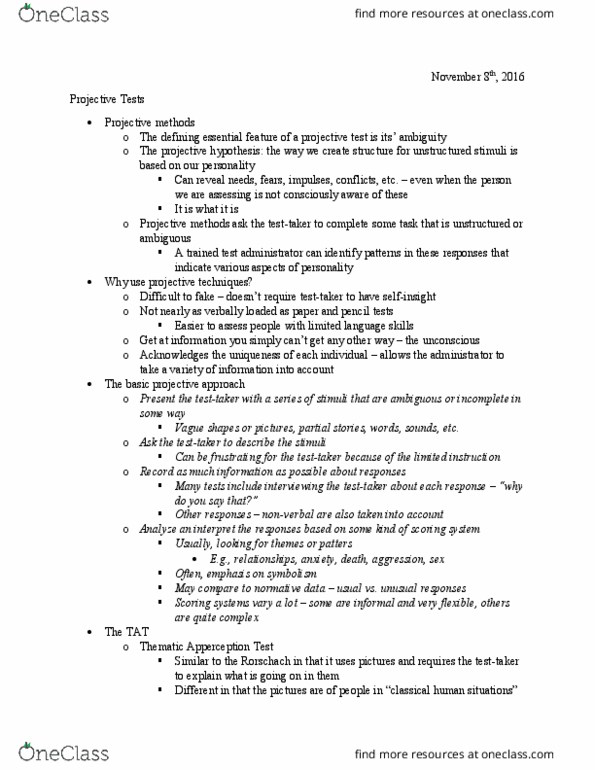 PSY 370 Lecture Notes - Lecture 21: Thematic Apperception Test, Projective Test, Motor Coordination thumbnail