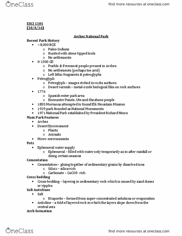 EARTHSC 1105 Lecture Notes - Lecture 12: Arches National Park, Desert Varnish, Esci thumbnail