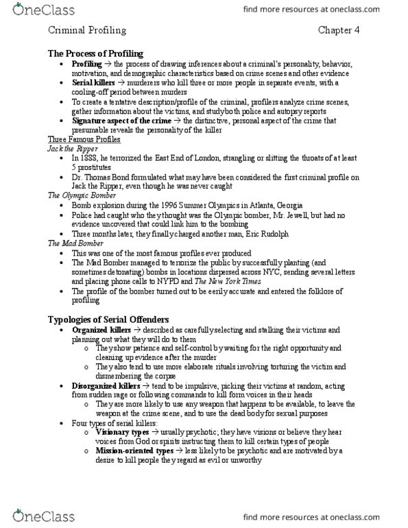 PSYC 3310 Chapter Notes - Chapter 4: Eric Rudolph, Offender Profiling, New York City Police Department thumbnail