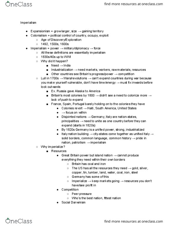 HIST 102 Lecture Notes - Lecture 8: Expansionism, Peer Pressure, Social Darwinism thumbnail