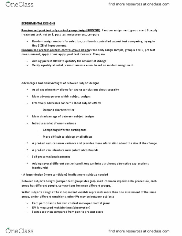 PSCH 242 Lecture Notes - Lecture 1: Random Assignment, Demand Characteristics, Internal Validity thumbnail