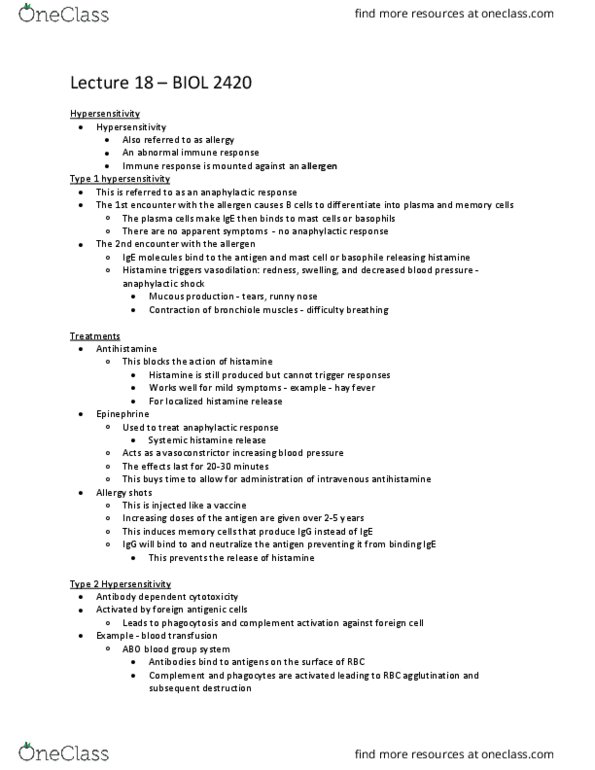 BIOL 2420 Lecture Notes - Lecture 18: Abo Blood Group System, Type Iv Hypersensitivity, Memory T Cell thumbnail