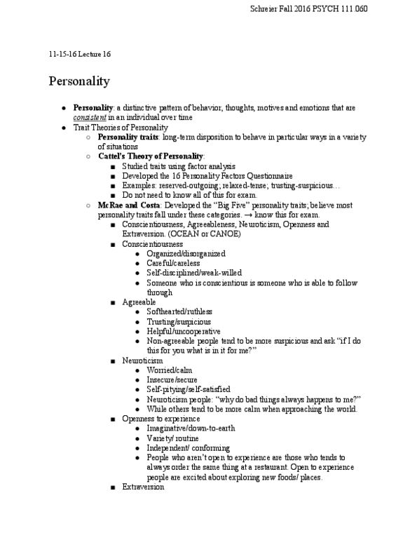 PSYCH 111 Lecture Notes - Lecture 16: 16Pf Questionnaire, Trait Theory, Agreeableness thumbnail