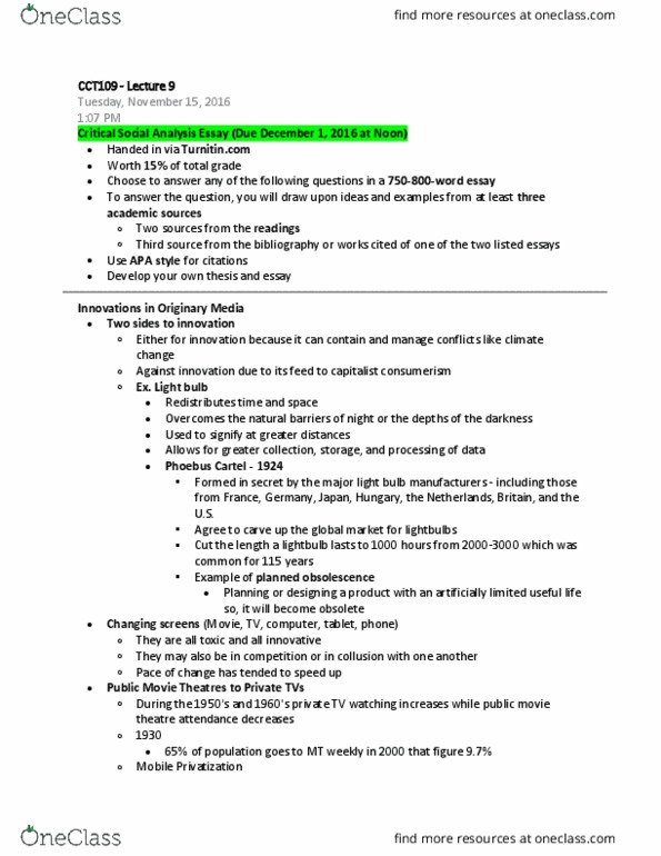 CCT109H5 Lecture Notes - Lecture 9: Phoebus Cartel, Planned Obsolescence, Apa Style thumbnail