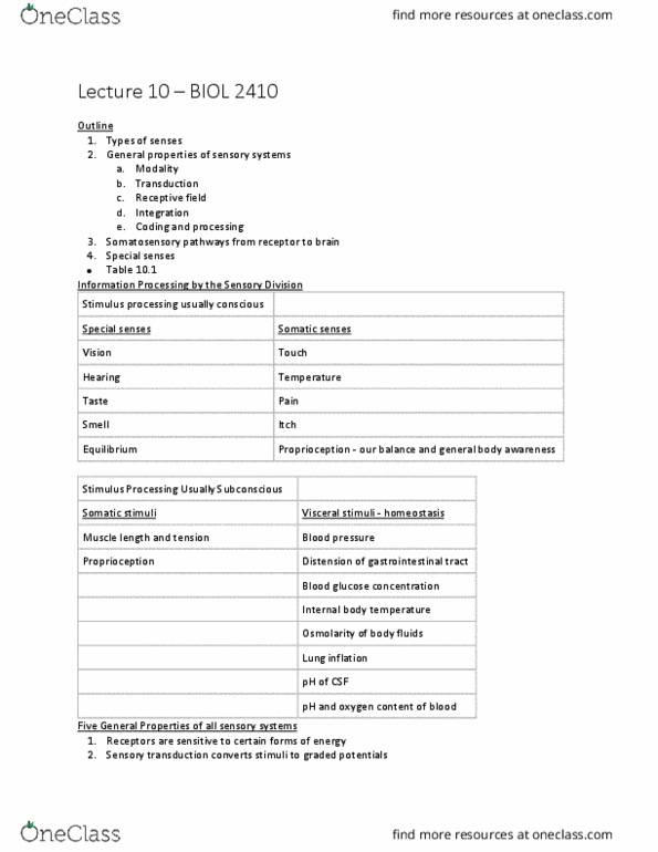 BIOL 2410 Lecture Notes - Lecture 10: Receptive Field, Olfactory Bulb, Sensory Neuron thumbnail