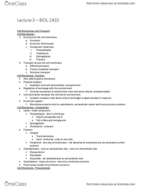 BIOL 2410 Lecture Notes - Lecture 3: Lipid Raft, Lipid Bilayer, Fluid Mosaic Model thumbnail