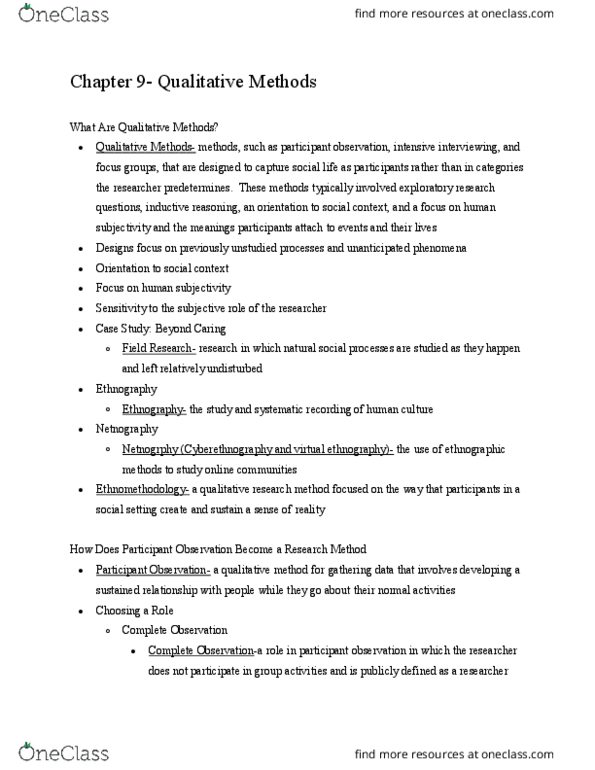 SOC 302 Chapter Notes - Chapter 9: Cyber-Ethnography, Participant Observation, Ethnomethodology thumbnail