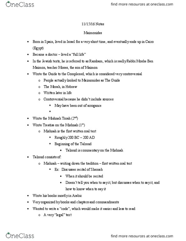 JWST208 Lecture Notes - Lecture 18: Halakha, Mishneh Torah, Anthropomorphism thumbnail