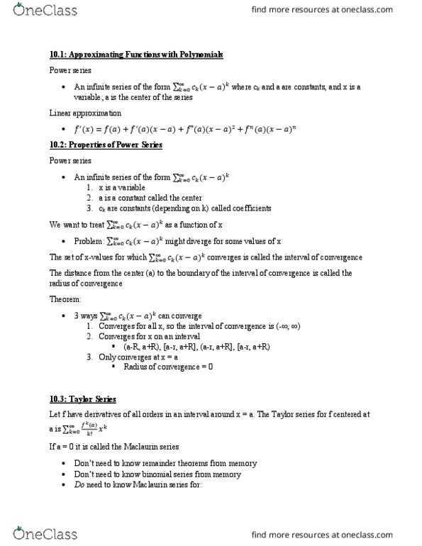 MATH 1152 Chapter Notes - Chapter 10: Linear Approximation, Binomial Series thumbnail