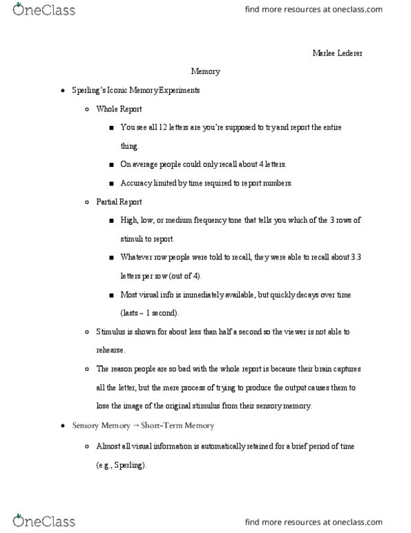 PSYC 2145 Lecture Notes - Lecture 11: Sensory Memory, Memory Span, Interference Theory thumbnail