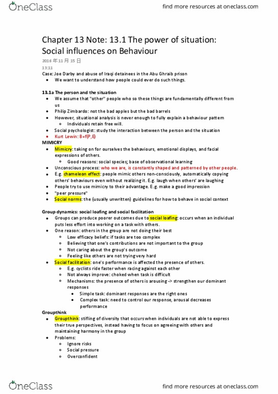 PSY100H1 Chapter Notes - Chapter 13.1: Observational Learning, Social Loafing, Groupthink thumbnail