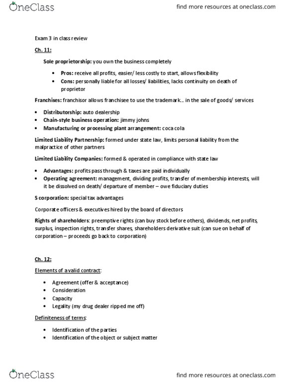 COB 218 Lecture Notes - Lecture 11: S Corporation, Operating Agreement, Sole Proprietorship thumbnail