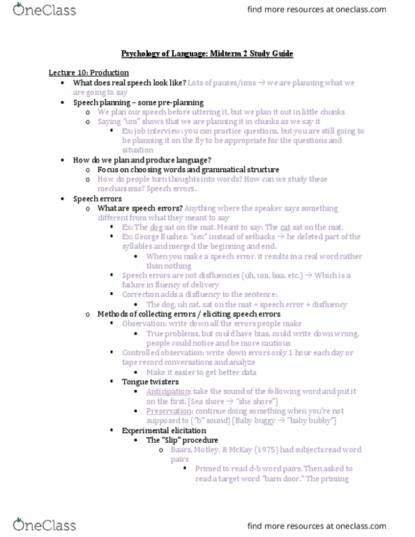 PSYC 432 Lecture Notes - Lecture 10: Syntactic Category, Speech Error, Phoneme thumbnail