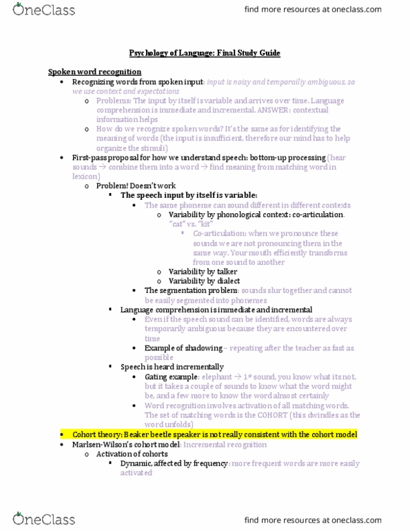 PSYC 432 Lecture Notes - Lecture 20: Eye Tracking, Speech Recognition, Spoken Word thumbnail