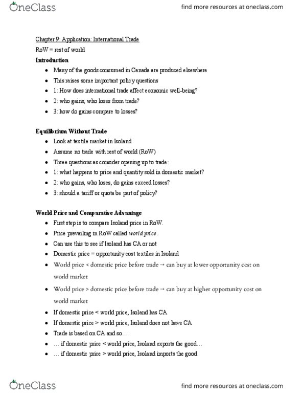 ECON 1000 Lecture Notes - Lecture 9: Infant Industry Argument, Deadweight Loss, Unfair Competition thumbnail