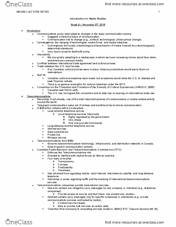 MDSA01H3 Lecture Notes - Lecture 9: New Media, Telefilm Canada, Canadian Broadcast Standards Council thumbnail