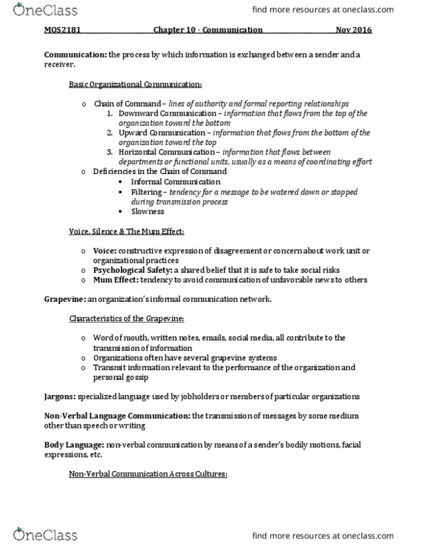 Management and Organizational Studies 2181A/B Chapter Notes - Chapter 10: Performance Appraisal, Problem Solving, Nonverbal Communication thumbnail