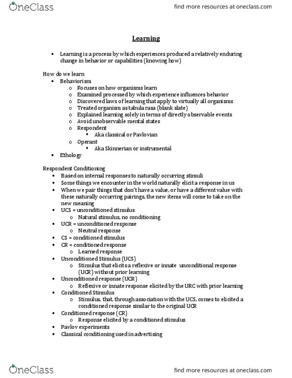 PS102 Lecture Notes - Lecture 8: Tabula Rasa, Classical Conditioning, B. F. Skinner thumbnail