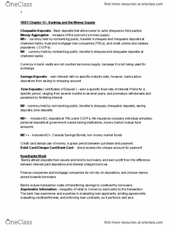 ECON 1BB3 Chapter Notes - Chapter 13: Open Market Operation, Money Creation, Money Market Fund thumbnail