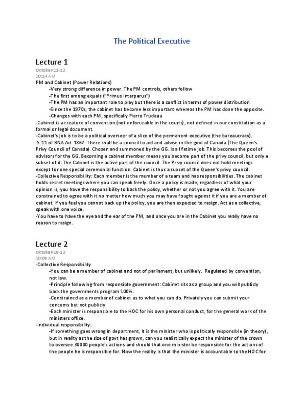 POLI 221 Lecture Notes - Pierre Trudeau, Responsible Government, Decision-Making thumbnail