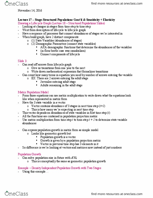 EEB319H1 Lecture Notes - Lecture 17: Partial Derivative, Flour Beetle, Population Projection thumbnail