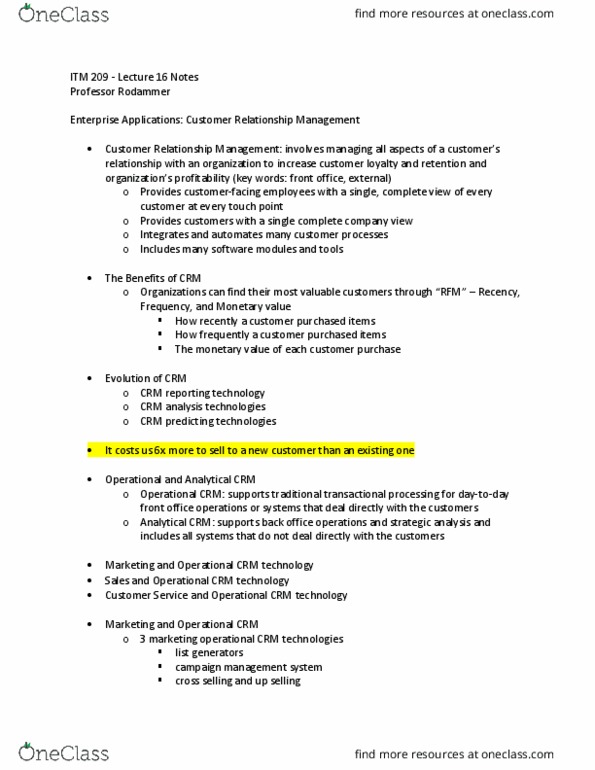 ITM 309 Lecture Notes - Lecture 16: Supplier Relationship Management, Sales Process Engineering, Sales Force Management System thumbnail