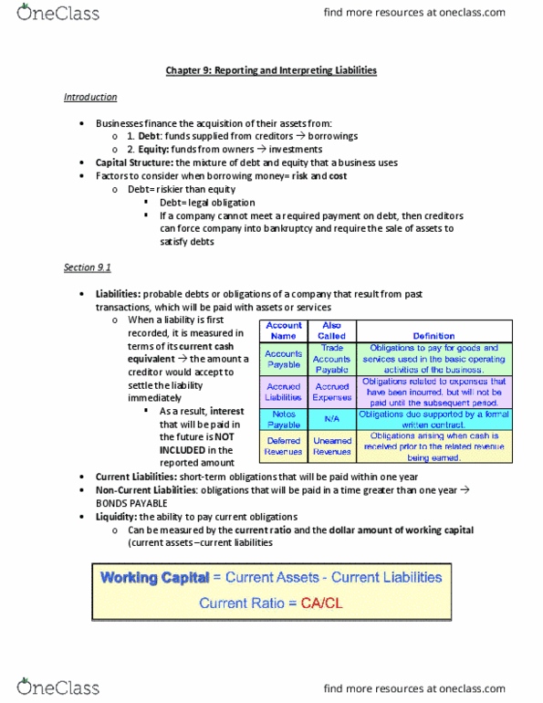 ACCT20100 Chapter Notes - Chapter 9: Accounts Payable, Current Liability, Working Capital thumbnail