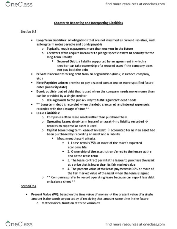 ACCT20100 Chapter Notes - Chapter 9: Financial Statement, Operating Lease, Promissory Note thumbnail