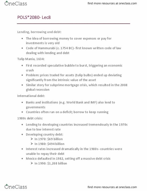 POLS 2080 Lecture Notes - Lecture 8: Heavily Indebted Poor Countries, Debt Relief, Subprime Mortgage Crisis thumbnail