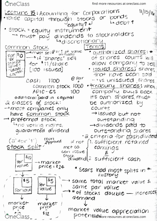 ACCT207 Lecture Notes - Lecture 15: Treasury Stock, Stock Split, Preferred Stock thumbnail