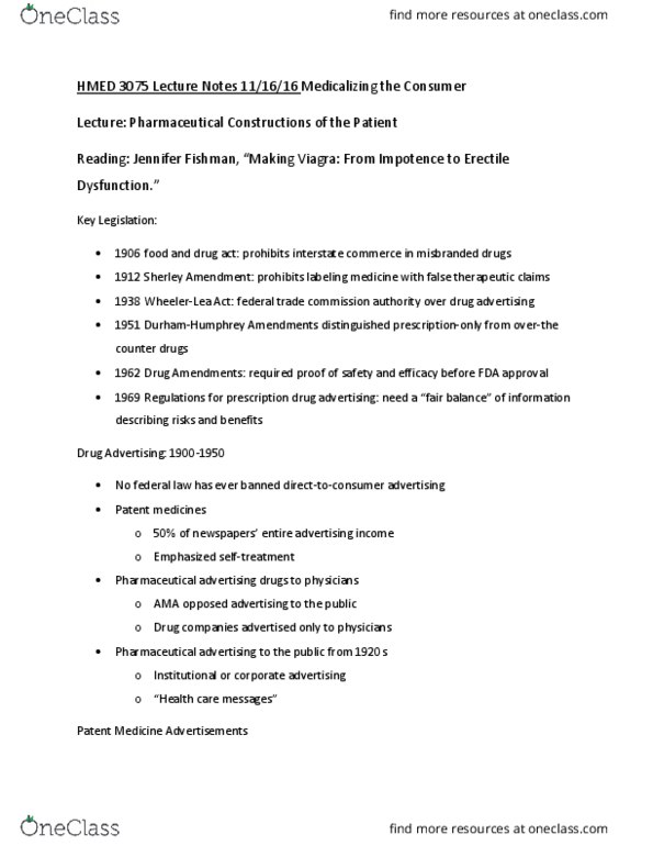 HMED 3075 Lecture Notes - Lecture 16: Erectile Dysfunction, Prescription Drug, Sildenafil thumbnail