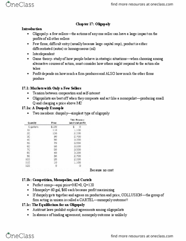 ECON 1116 Chapter Notes - Chapter 17: Arms Control, Clayton Antitrust Act, Price Fixing thumbnail