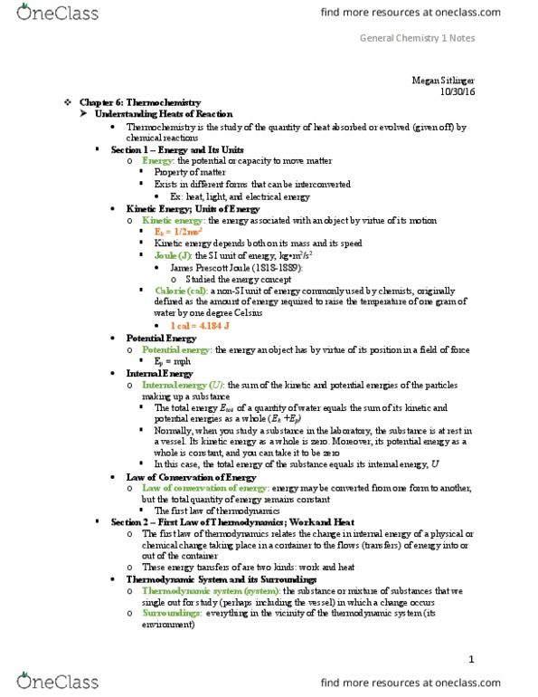 CHEM 0110 Chapter Notes - Chapter 6: James Prescott Joule, Thermodynamic System, Kinetic Energy thumbnail