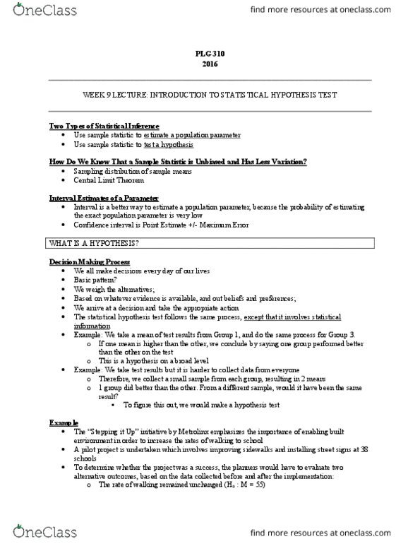 PLG 310 Lecture Notes - Lecture 9: Standard Deviation, Null Hypothesis, Type I And Type Ii Errors thumbnail