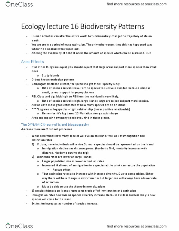 BIO 2129 Lecture Notes - Lecture 17: Wytham, Insular Biogeography, Species Richness thumbnail