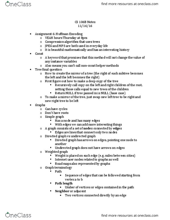 CS 106B Lecture Notes - Lecture 23: Huffman Coding, Directed Graph, Object Copying thumbnail