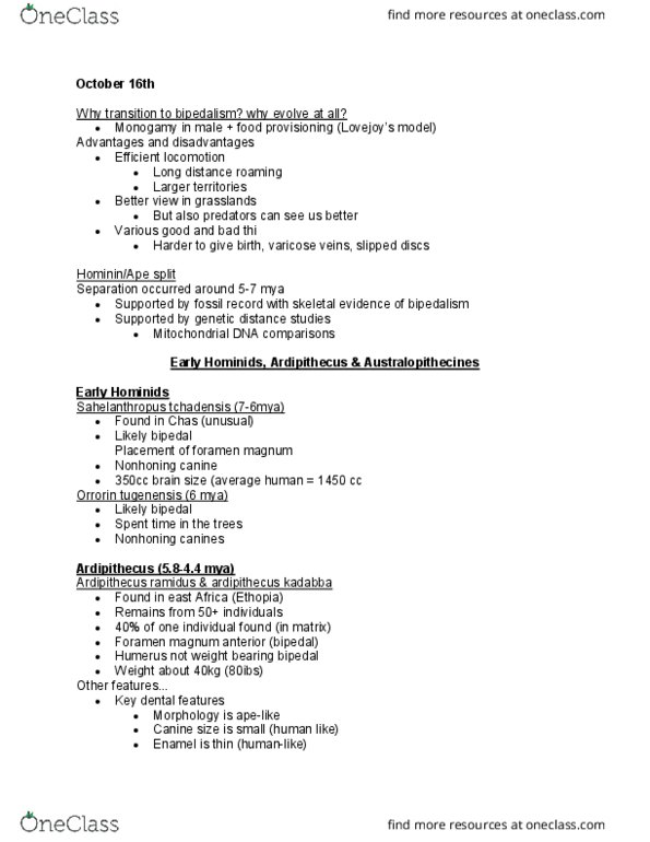 ANTH 002 Lecture Notes - Lecture 21: Australopithecus Anamensis, Reverend Lovejoy, Hyoid Bone thumbnail