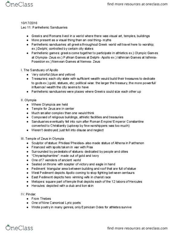 CLASSIC 30 Lecture Notes - Lecture 11: Chryselephantine Sculpture, Phidias, Pediment thumbnail