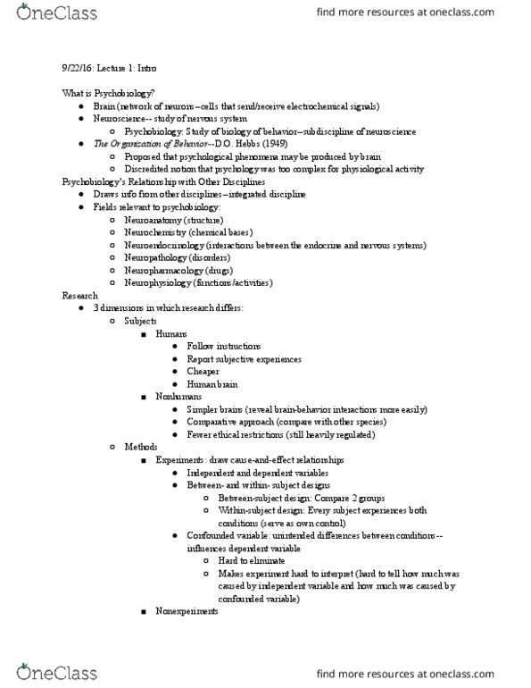 PSYCH 15 Lecture Notes - Lecture 1: Neuropsychology, Ethology, Cerebral Cortex thumbnail