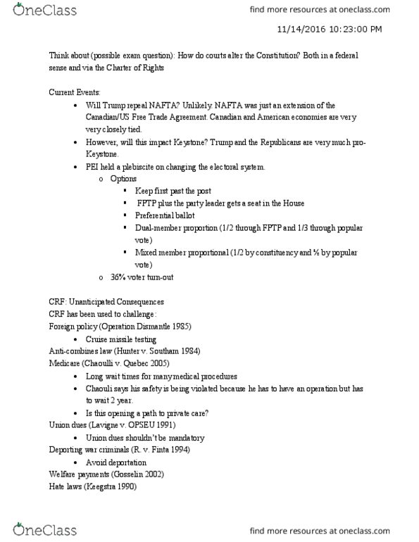 POL214Y1 Lecture Notes - Lecture 9: Arbitrary Arrest And Detention, Section 33 Of The Canadian Charter Of Rights And Freedoms, Affirmative Action thumbnail