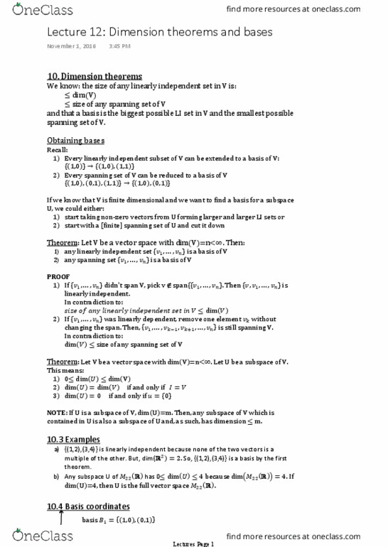 MAT 1341 Lecture 12: Dimension theorems and bases thumbnail