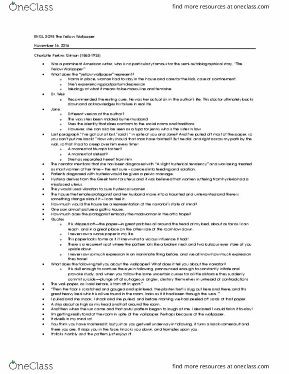 ENGL 3Q95 Lecture Notes - Lecture 15: Charlotte Perkins Gilman, The Yellow Wallpaper, Bed Rest thumbnail