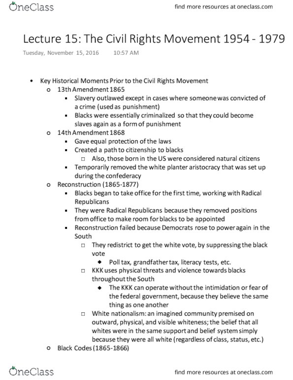 BL ST 1 Lecture Notes - Lecture 15: Fifteenth Amendment To The United States Constitution, Fourteenth Amendment To The United States Constitution, Black Nationalism thumbnail