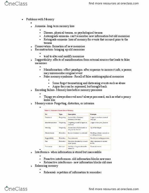 PSYC 002 Lecture Notes - Lecture 14: False Memory Syndrome, Anterograde Amnesia, Retrograde Amnesia thumbnail