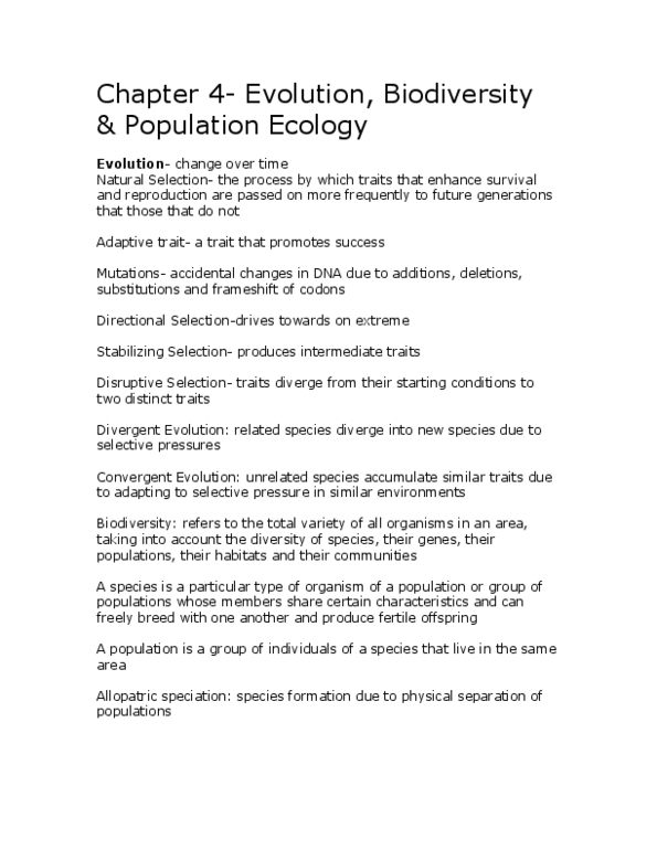 ENV100Y5 Chapter Notes - Chapter 4: Sympatric Speciation, Allopatric Speciation, Maximum Capacity thumbnail