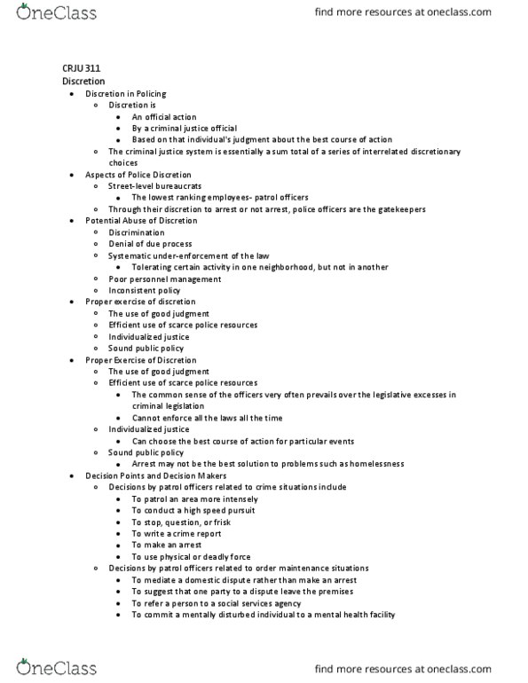 CRJU 311 Chapter Notes - Chapter 11: Decision Points, Deadly Force, Organizational Culture thumbnail