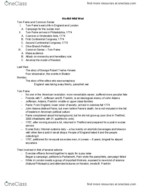 HISTORY 40A Lecture Notes - Lecture 25: Olive Branch Petition, First Continental Congress, Thomas Paine thumbnail